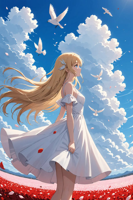 02094-3024753589-1girl, solo, masterpiece, best quality, outdoors, bird, blonde hair, blue eyes, blue sky, cloud, cloudy sky, da.webp